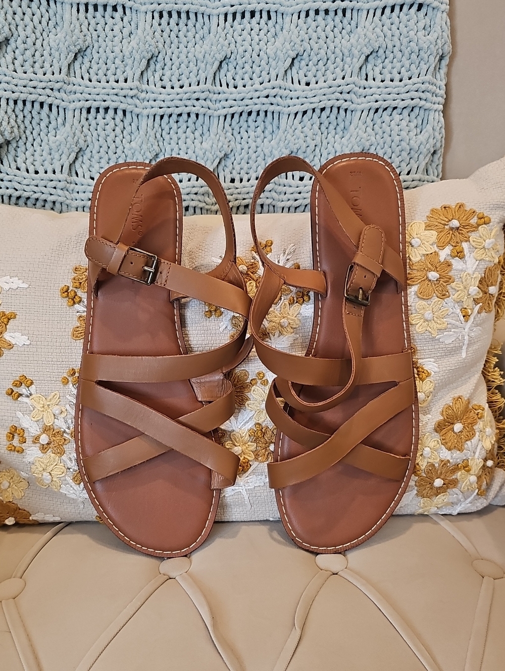 Toms Brown Leather Strappy Sandals with Ankle Buckle